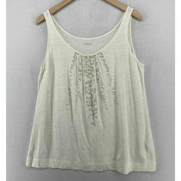 EILEEN FISHER Tank Top M Linen Slub Jersey Embellished Pleated Shell White - Picture 1 of 11